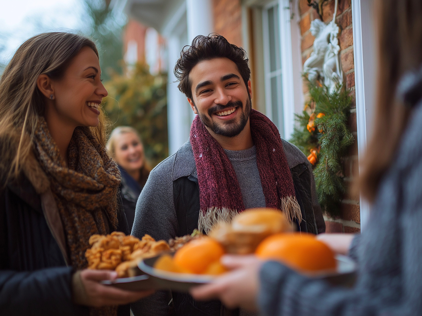 friends and family arriving at home with holiday dishes in hand greeting each other warmly at door for festive holiday