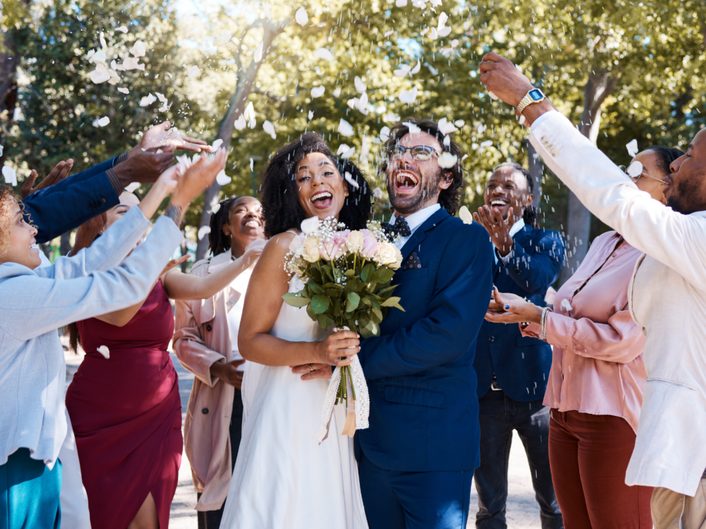 a happy couple on their wedding day planning to protect their future with insurance policies from quaint oak insurance