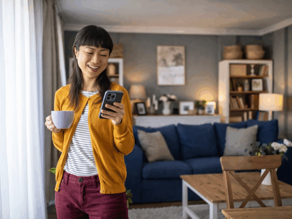 a woman on her phone in her living room reviewing her year-end insurance checklist