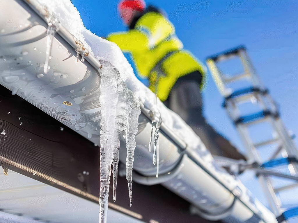 a homeowner works to clean the ice and snow off their home after learning more about winter weather risk tips