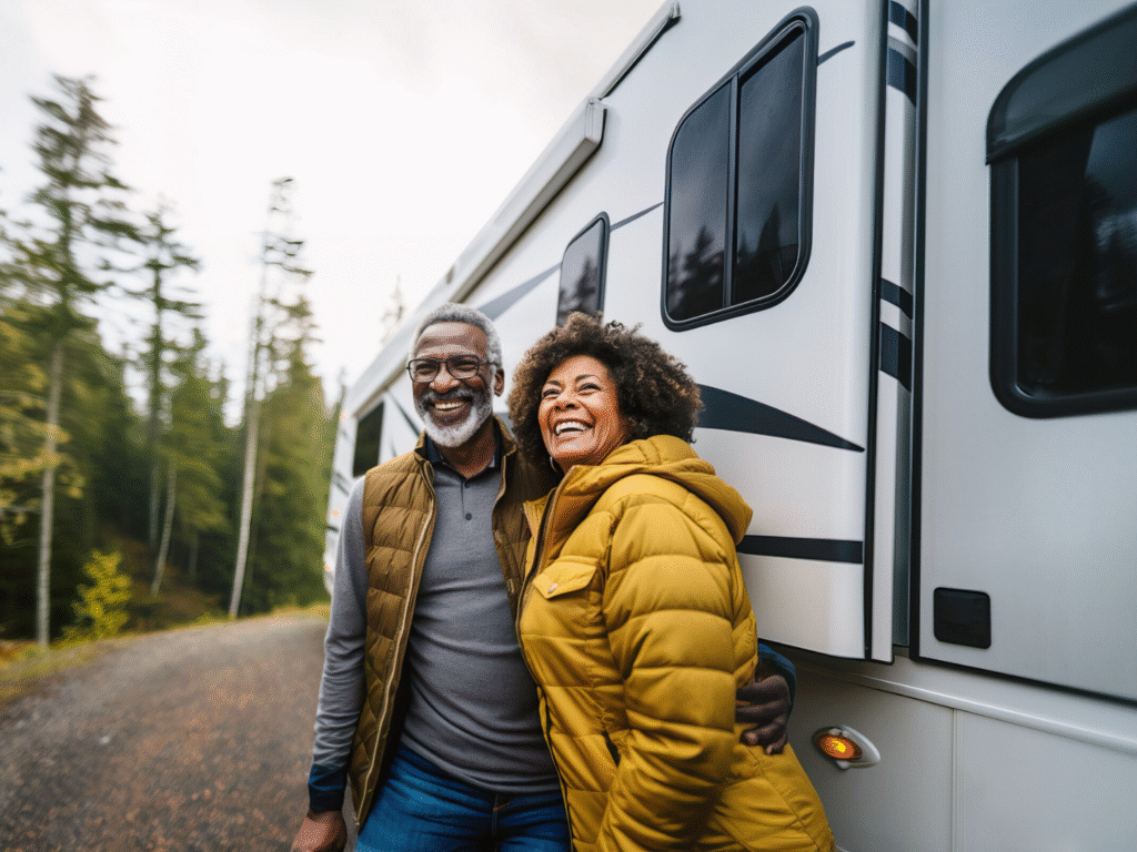 a senior couple standing outside their recreational vehicle that is ensured with quaint oak insurance