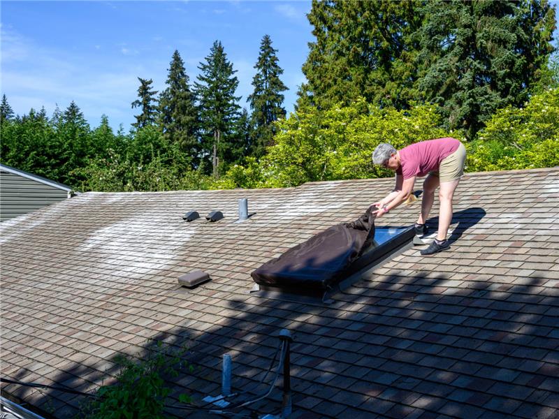 a woman working on the roof of her home preparing for summer
